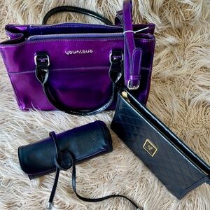 Younique's 3 makeup bags for travel in brilliant purple and black